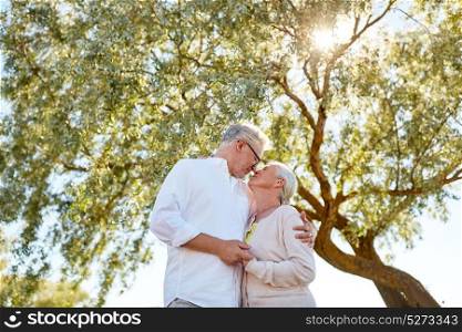 old age, love and people concept - happy senior couple nuzzling at summer park. happy senior couple kissing at summer park