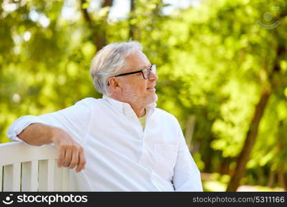 old age, retirement and people concept - happy senior man in glasses sitting on bench at summer park. happy senior man in glasses sitting at summer park