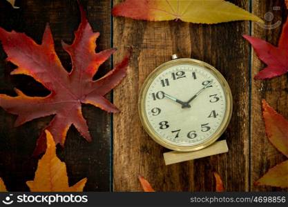 Old alarm clock between yellow leaves in autumn