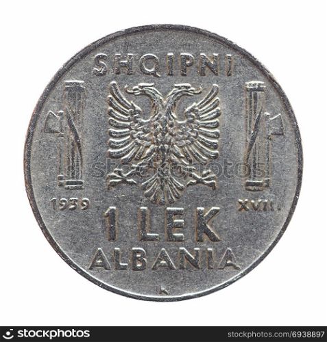 Old Albanian Lek isolated over white. Old Albanian 1 Lek coin, circa 1939 isolated over white background