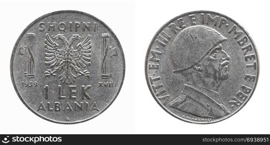 Old Albanian Lek with Vittorio Emanuele III King isolated over white. Old Albanian 1 Lek coin with Victor Emmanuel III King and Emperor (Vittorio Emanuele III Re e Imperatore in Italian), circa 1939 isolated over white background