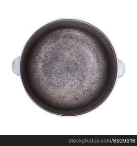 old aluminum cauldron isolated on white background, top view