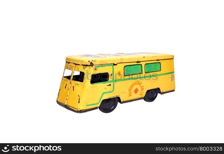 old ambulance car communist era retro toy over white background