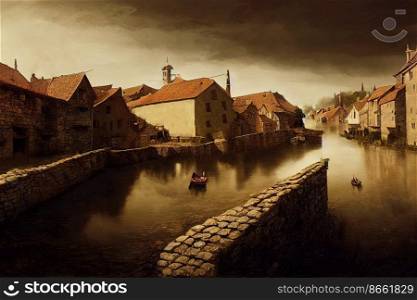 Old , ancient European village , town horror design 3d illustrated