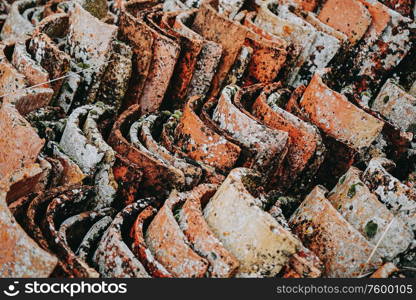 Old and dirty of moss roof tiles