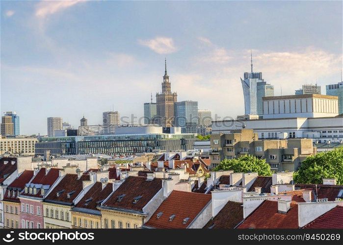 Old and modern architecture of Warsaw from above. Old and new Warsaw