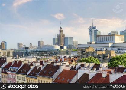 Old and modern architecture of Warsaw from above. Old and new Warsaw