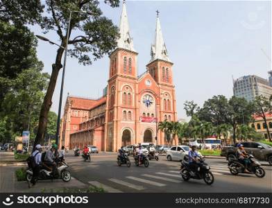 Old and modern architecture on the Cathedral square of Saigon, Vietnam