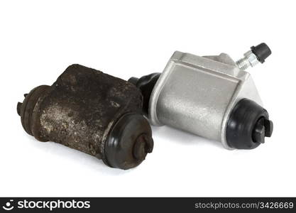 Old and new hydraulic cylinders brake, isolated on a white background