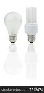 Old and new light bulbs together, reflection and white background.