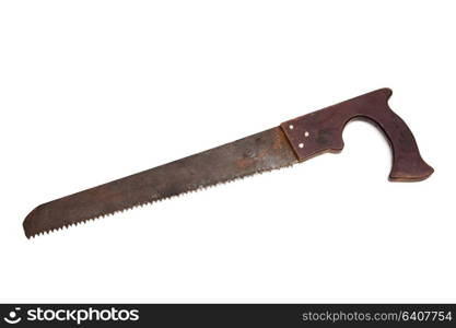 old and rusty hacksaw on a white background