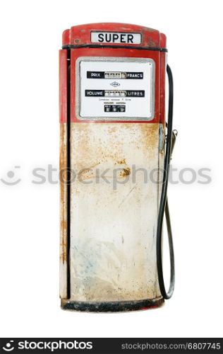 Old and rusty red fuel pump isolated on white background