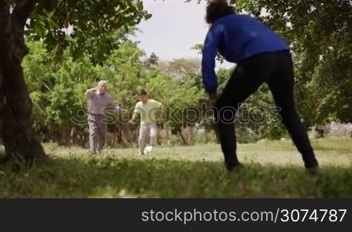 Old and young people, seniors and children, child and elderly persons. Sports fun, child playing football game with grandparents, soccer in park, happy old man kicking ball, recreation and leisure