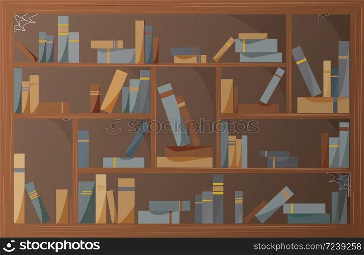 Old antique books on bookshelves covered by spider web. Background with shelves or bookcase in public library or vintage bookstore. Ancient literature. Flat cartoon colorful vector illustration.. Old antique books on bookshelves covered by spider web