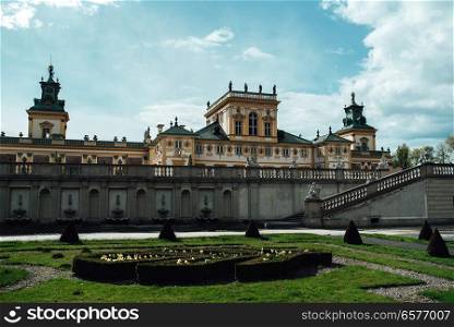 Old antique palace in Warsaw Wilanow, with park architecture