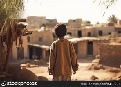 Old arab village child boy. City home stone. Generate Ai. Old arab village child boy. Generate Ai