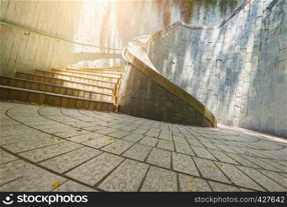 Old architecture of staircase made by stone and bricks with sunlight. Retro and vintage tone. Picture for add text message. Backdrop for design art work.