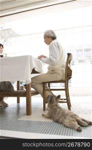 Old asian man and grey dog