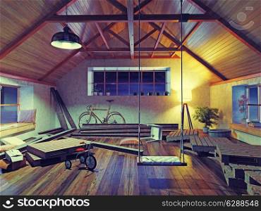 old attic interior with swing. 3d concept