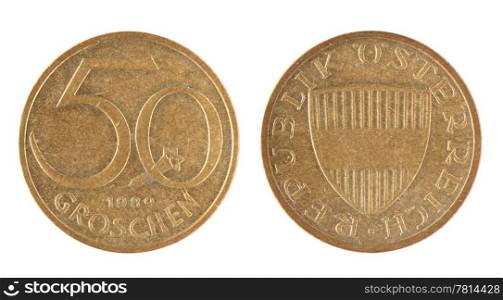 Old Austrian 50 Groschen coins on the white background (1989 year)