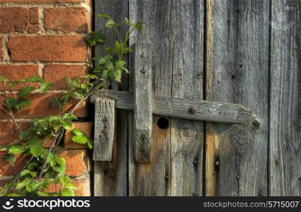 Old barn door with wooden latch, Worcestershire, England.