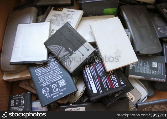 old batteries from mobile phones close-up