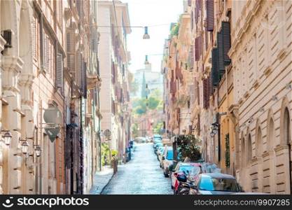 Old beautiful empty streets with cars in Rome, Italy.. Old beautiful empty streets with cars in Rome