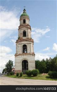 Old bell tower (1870) of the Cathedral of the Life-Giving Trinity. Krasny Kholm town (Red Hill), Tver region, Russia.