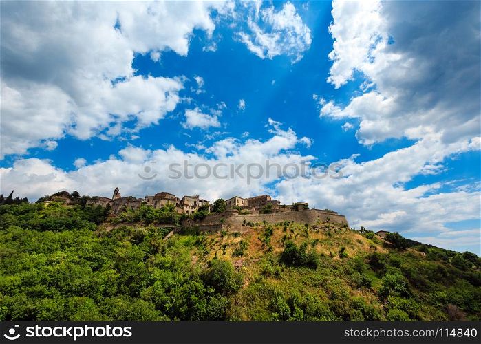 Old Belmonte Calabro town on mountain hill top, province of Cosenza, Calabria, Italy.