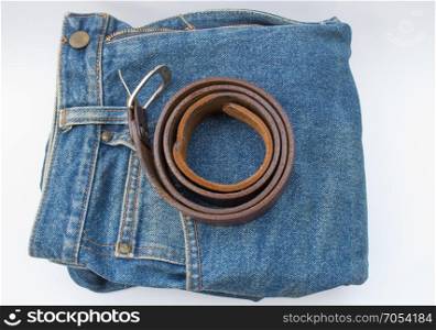 old belt and Denim isolated on white background