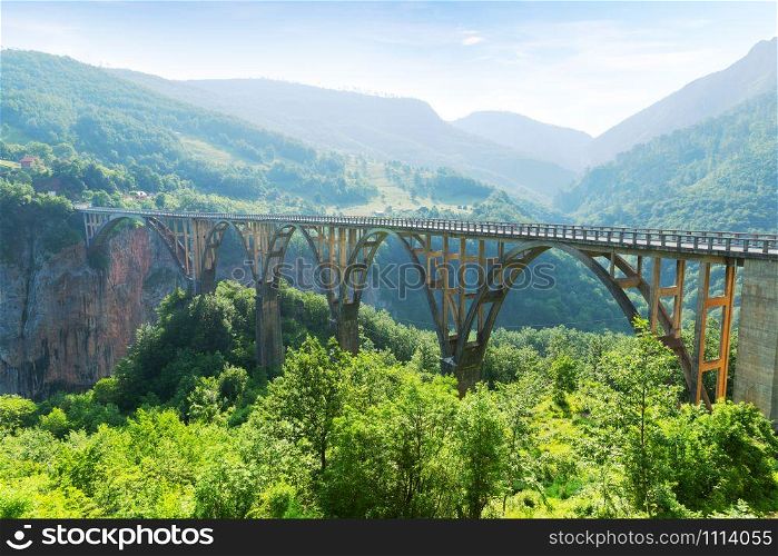 Old big arch bridge and view of river and green landscape