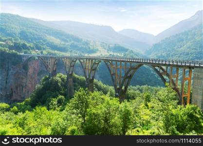 Old big arch bridge and view of river and green landscape