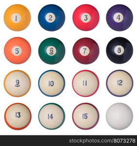 Old billiard balls set isolated on white background