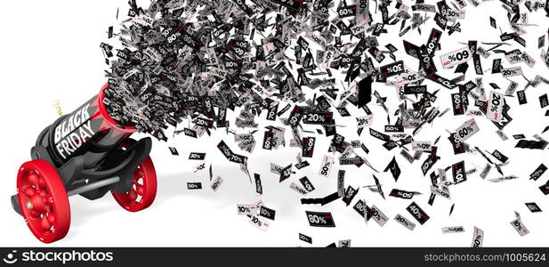 Old black and red cannon with the words BLACK FRIDAY firing a jet of discount paper coupons from 10 to 80 percent in black and white on a white background. 3D Illustration. Old black cannon with the words BLACK FRIDAY firing a stream of discount coupons from 10 to 80 percent in black and white on a white background. 3D Illustration