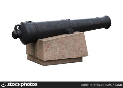 old black cast iron cannon on marble pedestal isolated on white background