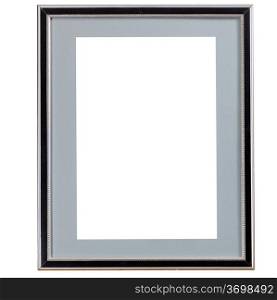 old black narrow picture frame with grey mat with cutout canvas isolated on white background