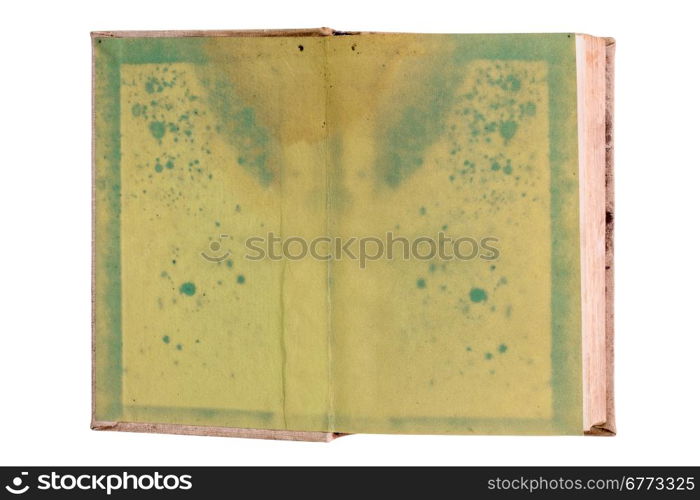 Old blank open book isolated on white background. Very textured green pages, ready to be filled with text and images.