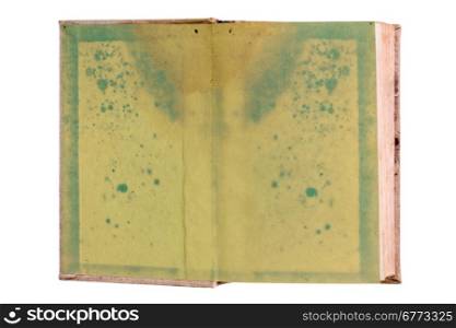Old blank open book isolated on white background. Very textured green pages, ready to be filled with text and images.