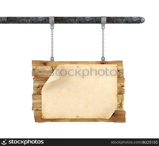 Old blank vintage paper on hanging wooden sign