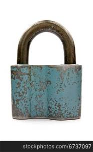old blue padlock on a white background