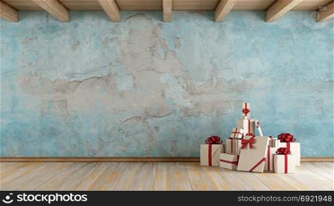 Old blue room with christmas gift. Grunge blue room with christmas gift on old wooden floor - 3d rendering