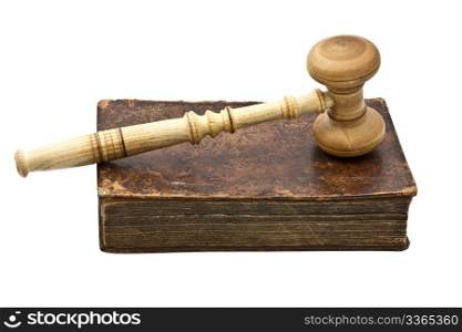 Old book and gavel isolated on white background