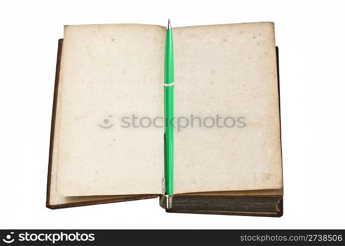 Old book and pen isolated on white background