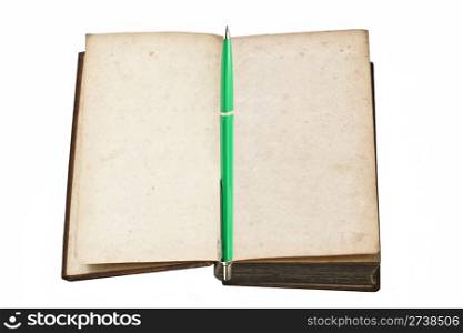 Old book and pen isolated on white background
