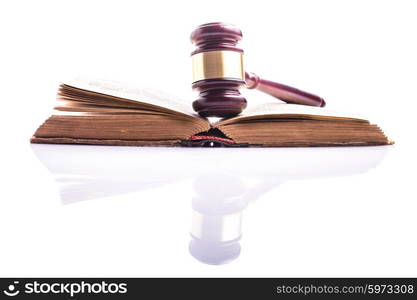 Old book and wooden gavel - jastice concept. Book and gavel