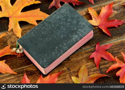 Old book with autumn leaves on a wooden background