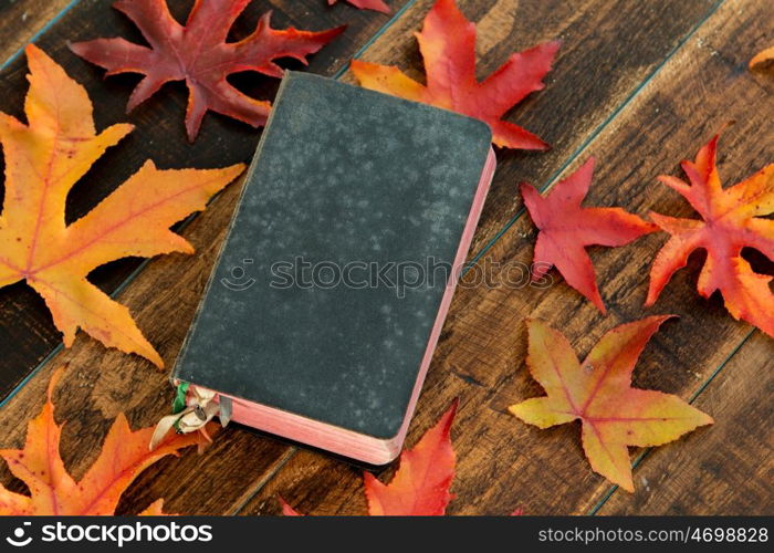 Old book with autumn leaves on a wooden background