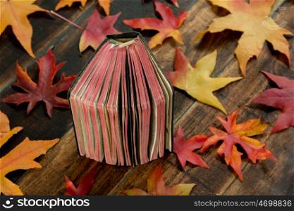 Old book with autumn leaves on a wooden background