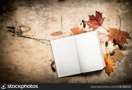 Old books and autumn leaves. On wooden background.. Old books and autumn leaves.