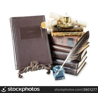 Old books, burning candle in candlestick, feather pen in inkpot, bookrest and scroll with stamp, isolated on white background
